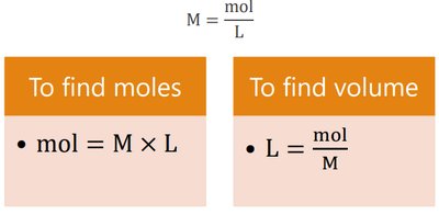 Summary: equations for finding moles and volume using molarity