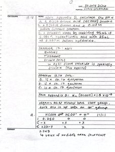 Handwritten notes showing ICE table and titration setup for acetic acid and NaOH