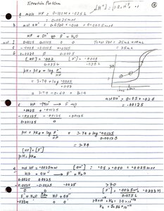 Handwritten notes with titration curve and calculations for HF titration