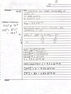 Handwritten notes showing solubility calculation for LaF3 in pure water and with common ion