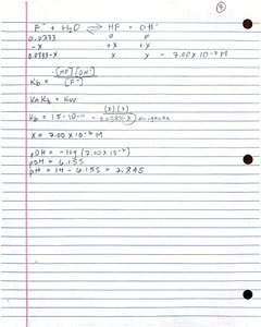 Handwritten notes showing ICE table and pH calculation for F- and water