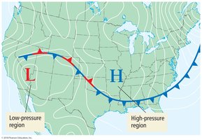 Map showing high and low pressure regions