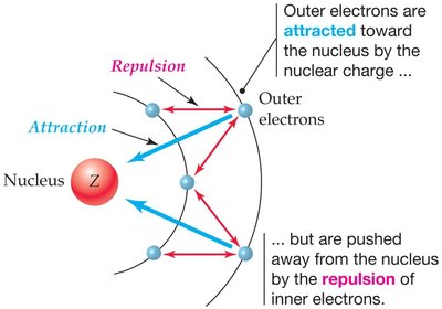 Diagram showing attraction and repulsion in electron shielding