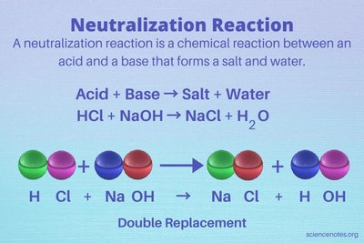 Neutralization reaction: acid + base forms salt and water