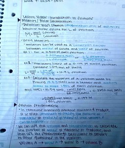 Handwritten notes on molarity and solution stoichiometry