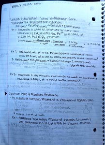Handwritten notes on precipitation reactions and stoichiometry