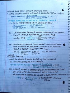 Handwritten notes on mass percent and volume percent calculations
