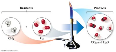 Combustion reaction showing reactants and products