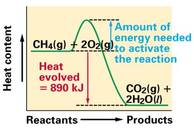 Energy diagram for the combustion of methane, showing activation energy and heat evolved