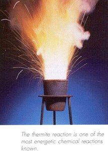 Photograph of the thermite reaction, showing bright sparks and flames
