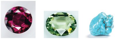 Garnet, peridot, and turquoise gemstones