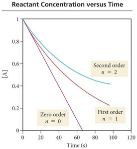 Reactant concentration versus time for different orders