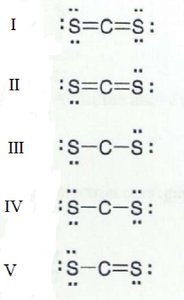Five possible Lewis structures for CS2