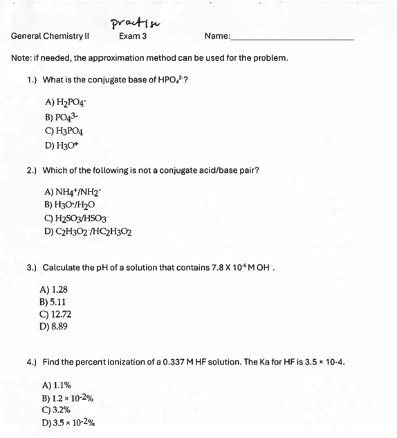 General Chemistry II Exam 3 practice worksheet