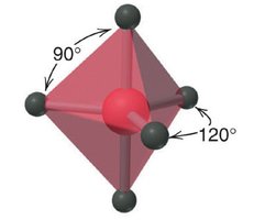 Trigonal bipyramidal geometry with 90 and 120 degree bond angles