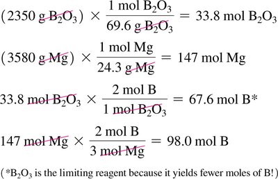 Worked calculation for limiting reagent and theoretical yield of boron