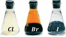 Halogens in flasks: Cl, Br, I