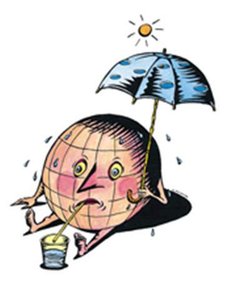 Cartoon illustrating the effect of temperature on gas solubility (global warming context)