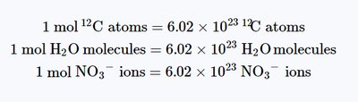 Examples of Avogadro's number for different substances