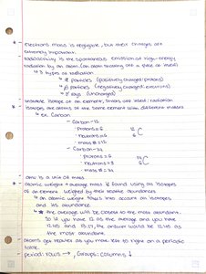 Handwritten chemistry notes on electrons, isotopes, atomic mass, and periodic table trends
