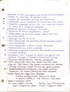 Handwritten chemistry notes on chemical formulas, empirical formulas, nomenclature, and periodic table groups
