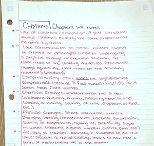 Handwritten chemistry notes on law of constant composition, conservation of mass, compressibility, chemical and physical changes, accuracy and precision