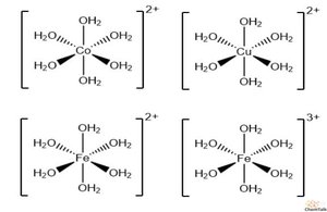 Structures of transition metal complex ions with water ligands
