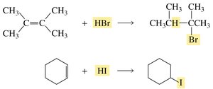 Examples of addition of hydrogen halides to alkenes