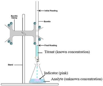 Titration setup with burette, titrant, analyte, and indicator
