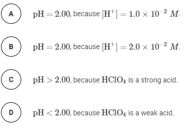 Multiple choice question about the pH of HClO4