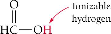 Structural formula of formic acid showing ionizable hydrogen