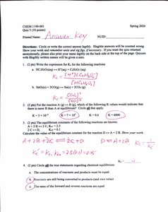 Quiz page showing equilibrium constant expressions
