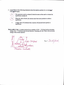 Quiz page showing reaction quotient and energy diagram