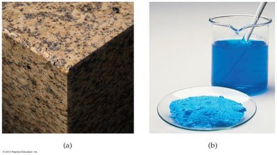 Granite (heterogeneous mixture) and a blue solution (homogeneous mixture)