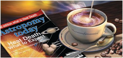 Magazine and coffee cup with thermodynamics theme