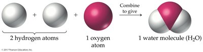 Formation of a water molecule from hydrogen and oxygen atoms