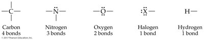 Common bonding patterns for C, N, O, halogens, and H