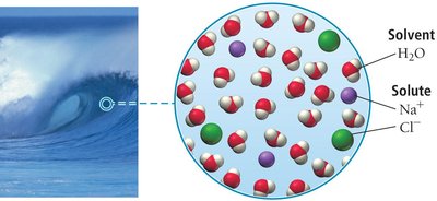 Diagram of seawater as a solution with water as solvent and Na+ and Cl- as solutes