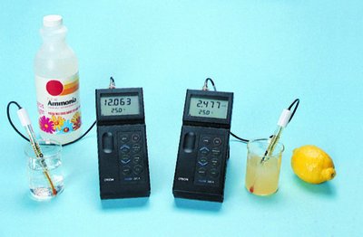 pH meter measuring the pH of ammonia and lemon juice
