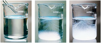 Photographs of beakers showing unsaturated, saturated, and supersaturated solutions