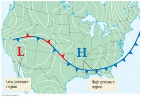 Map showing regions of high and low atmospheric pressure