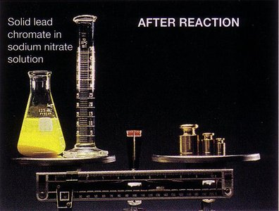 After reaction: solid lead chromate in sodium nitrate solution