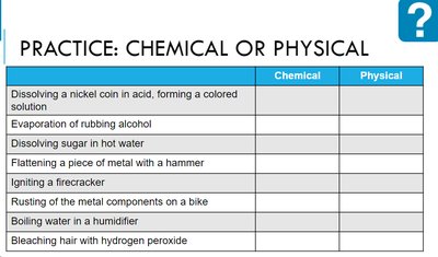 Answers: chemical or physical changes