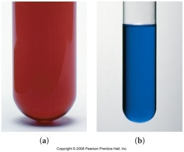 Red and blue solutions in test tubes, representing colored complex ions of metal cations