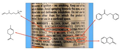 Hairspray ingredients label with organic molecules highlighted