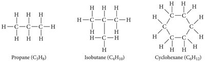 Structural formula and space-filling model for methane