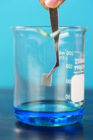 A strip of zinc metal is placed in a solution of copper(II) sulfate