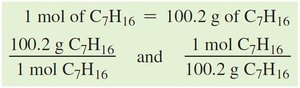 Mole-mole and molar mass factors for C7H16 and O2