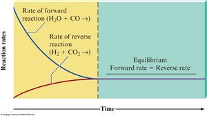 Reaction rates of forward and reverse reactions reaching equilibrium
