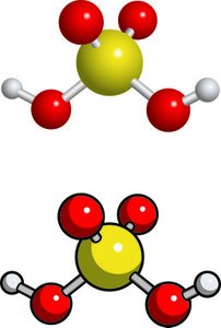 Molecular models of sulfuric acid, illustrating diprotic acid structure
